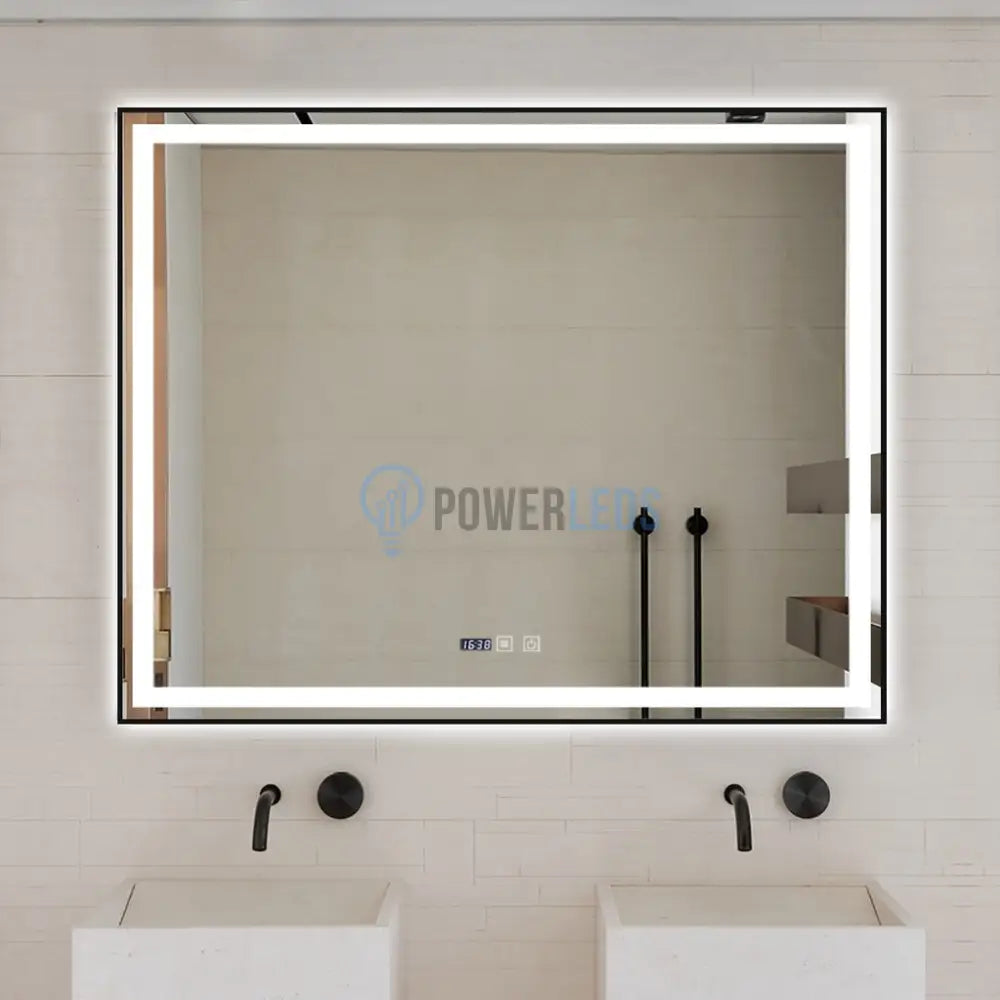 Oglinda Led 100X80Cm Cu Rama Neagra Functie Dezaburire Touch Si Ceas J42 Mirror