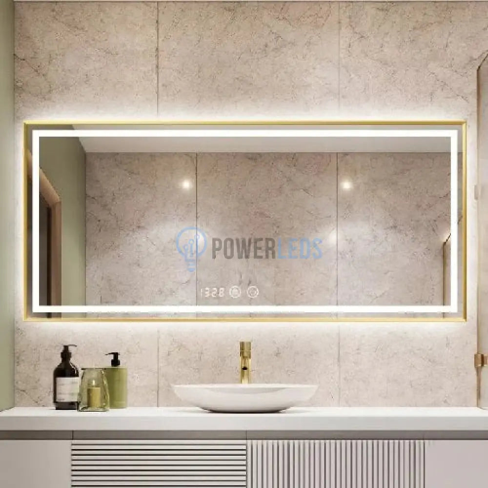 Oglinda Led 120X80Cm Cu Rama Aurie Functie Dezaburire Touch Si Ceas J47 Mirror