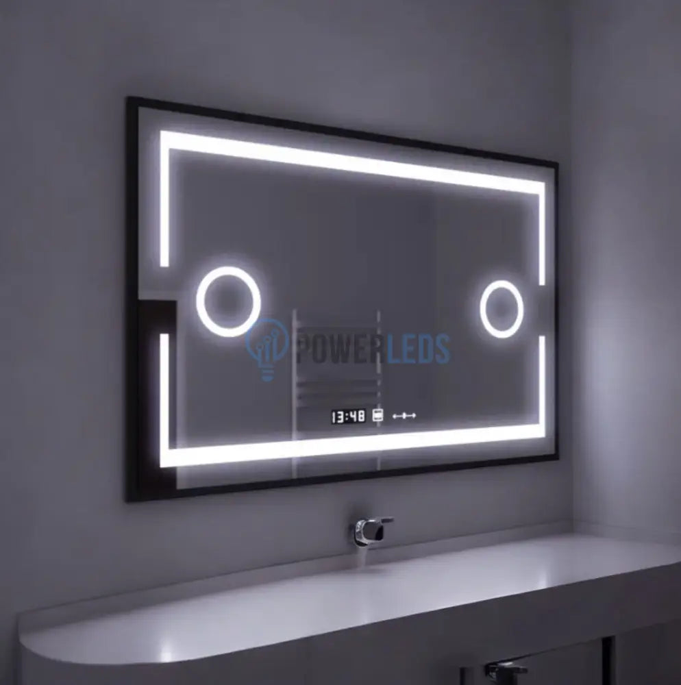 Oglinda Led 120X80Cm Cu Rama Neagra Functie Dezaburire Touch Lupa Si Ceas Mirror