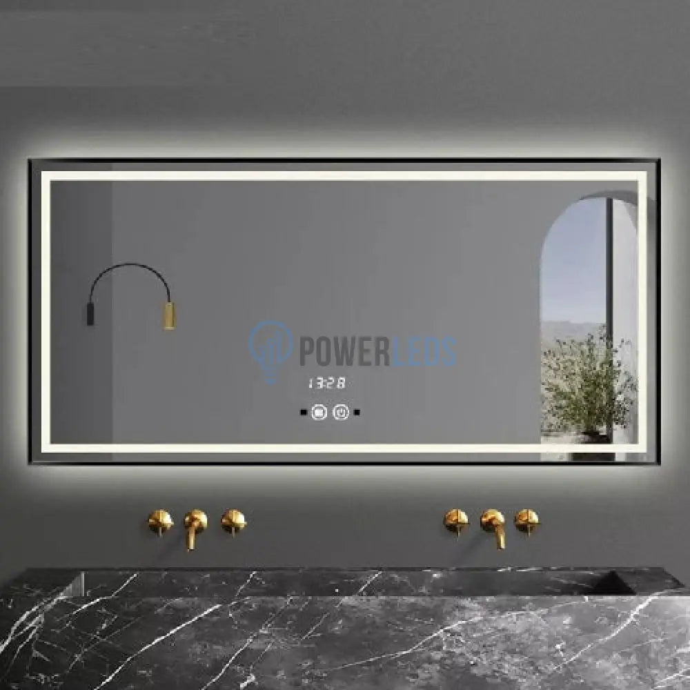 Oglinda Led 120X80Cm Cu Rama Neagra Functie Dezaburire Touch Si Ceas J45 Mirror