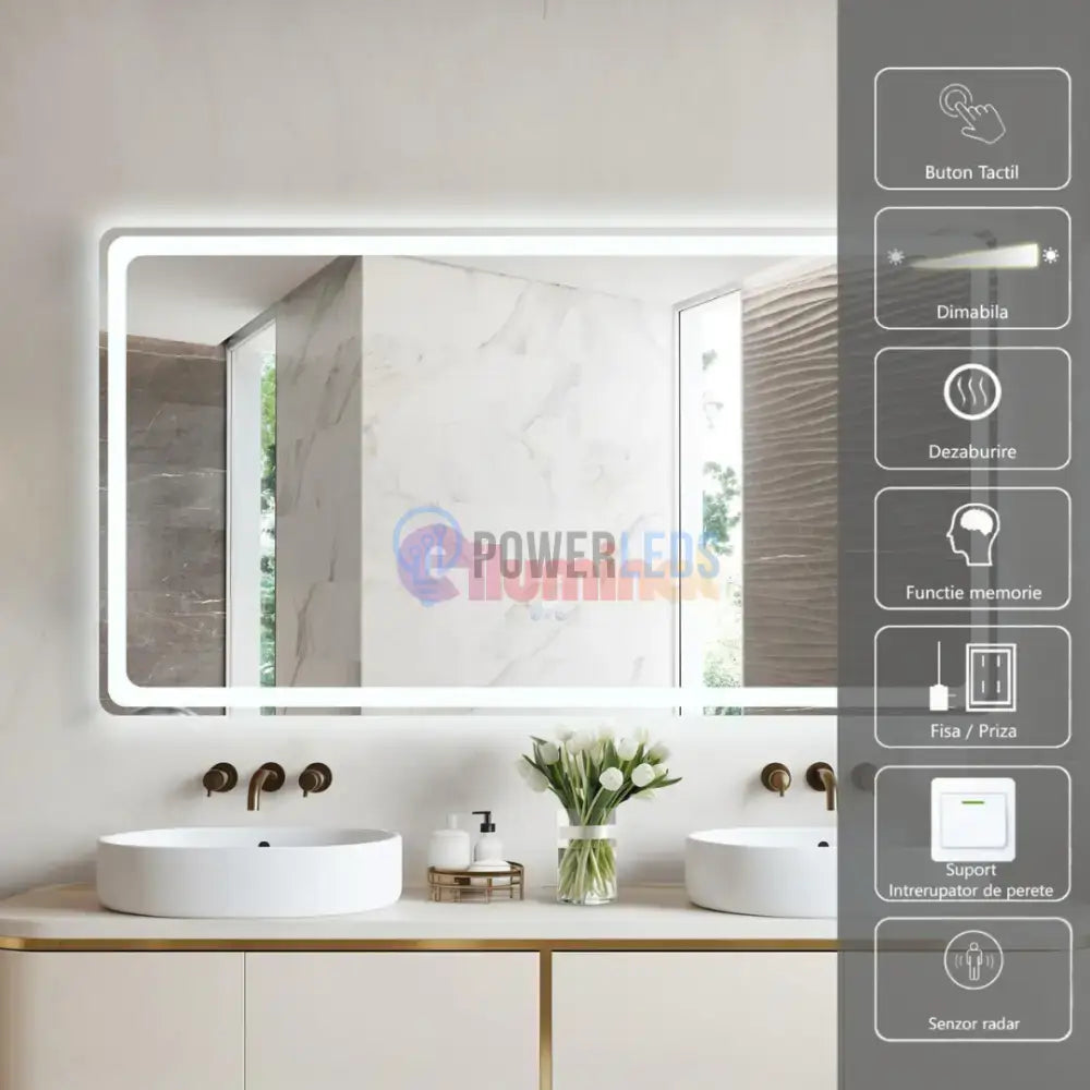 Oglinda LED 150x80CM cu Senzor Radar, 3 Lumini, Touch, Dezaburire, Ceas, Termometru powerleds.ro