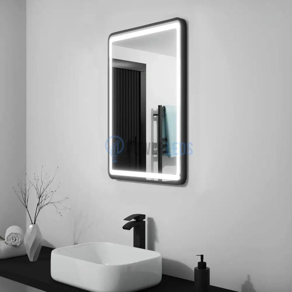 Oglinda Led 50X70Cm Rama Neagra Cu Dezaburire Si Touch J35 Mirror