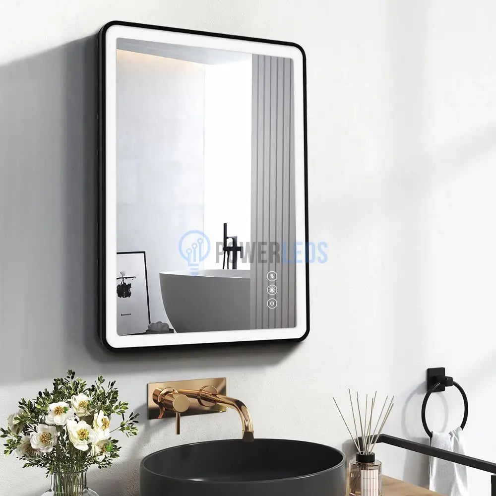 Oglinda Led 50X70Cm Rama Neagra Cu Dezaburire Si Touch J35 Mirror