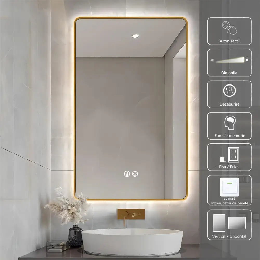 Oglinda Led 60X80Cm Rama Aurie 3 Lumini Dezaburire Si Touch Od041/Gd Mirror
