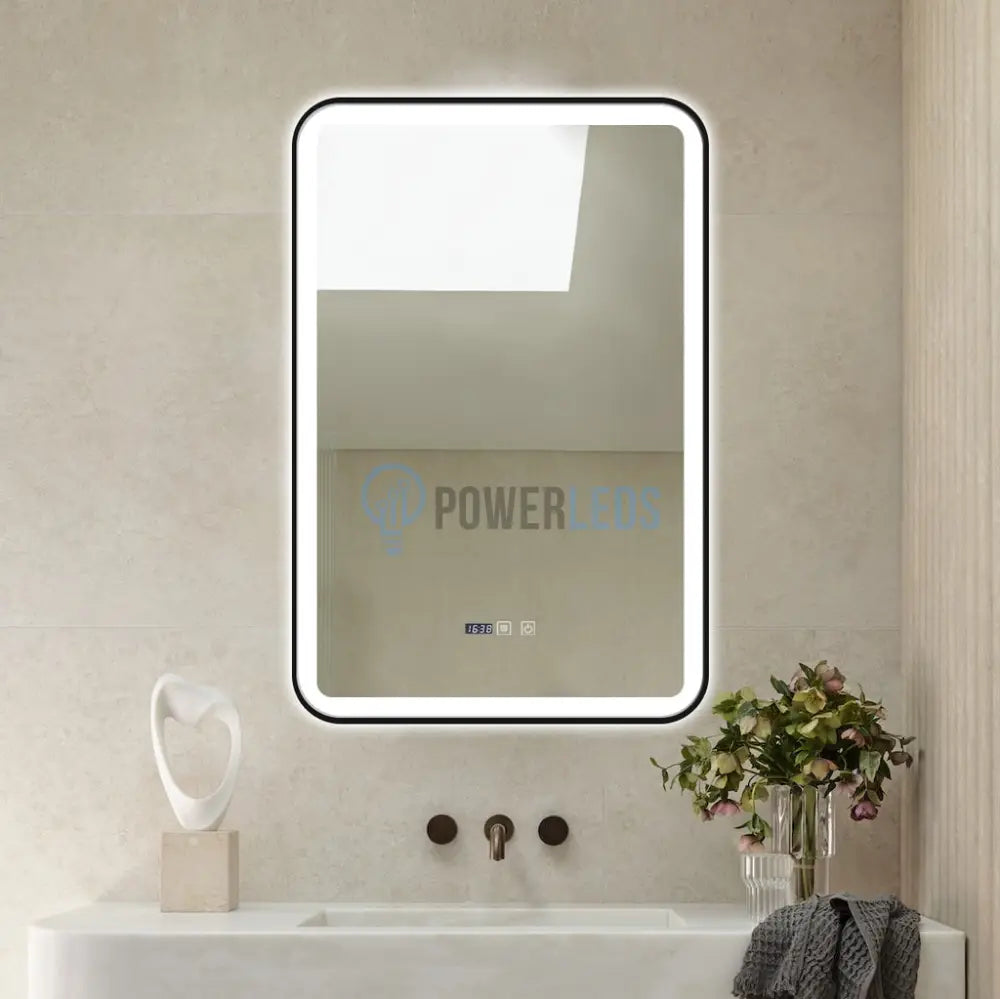 Oglinda Led 60X90Cm Cu Rama Neagra Functie Dezaburire Touch Si Ceas J36 Mirror