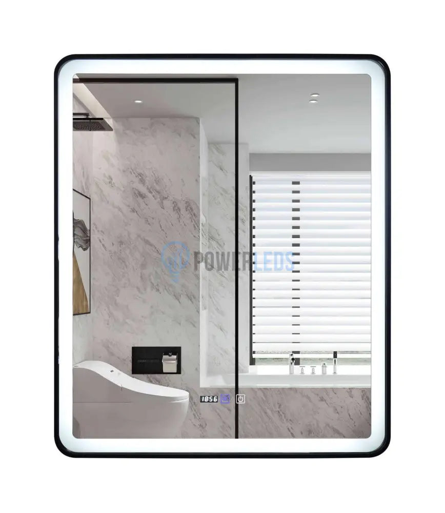 Oglinda Led 75X90Cm Cu Rama Neagra Functie Dezaburire Touch Si Ceas J37 Mirror