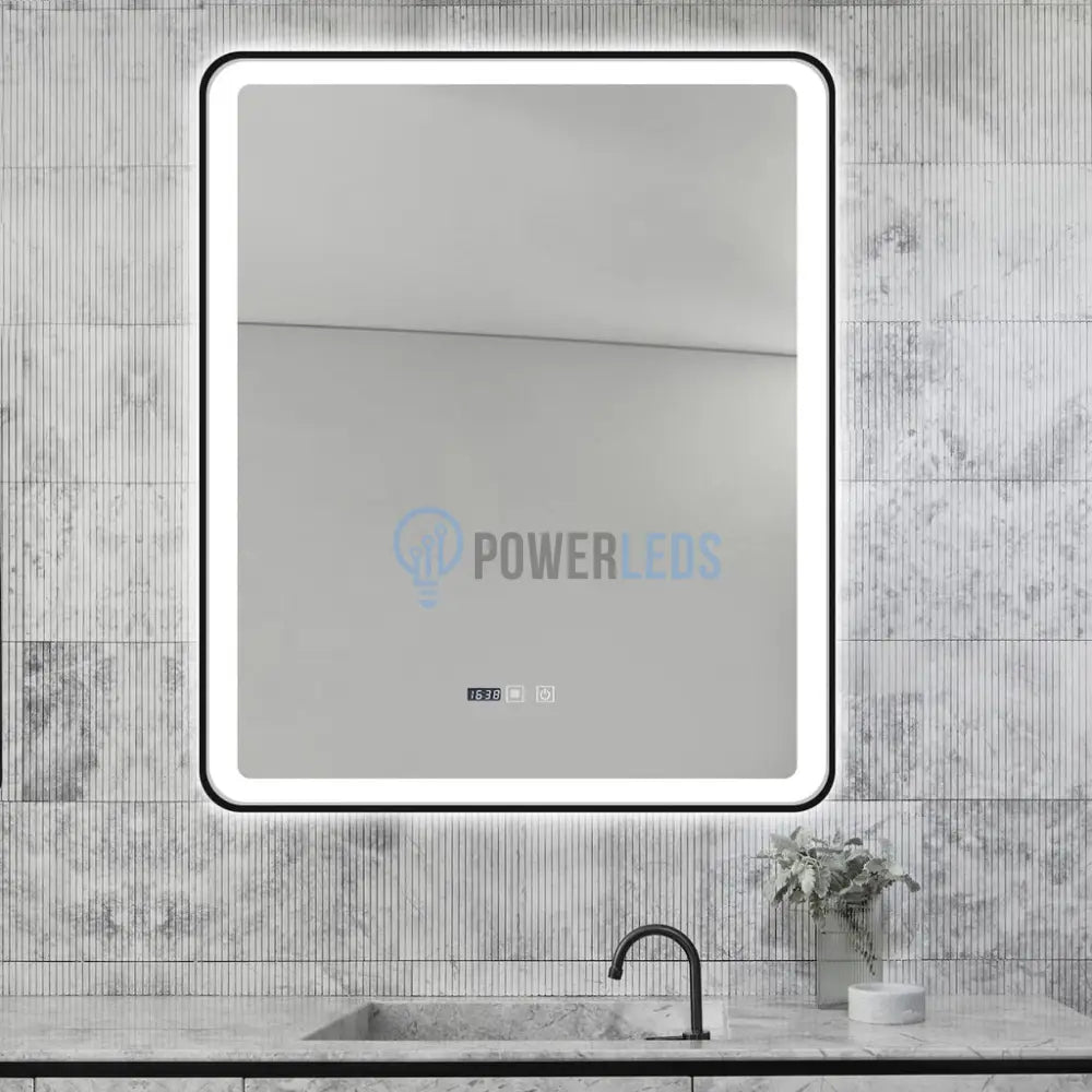 Oglinda Led 75X90Cm Cu Rama Neagra Functie Dezaburire Touch Si Ceas J37 Mirror