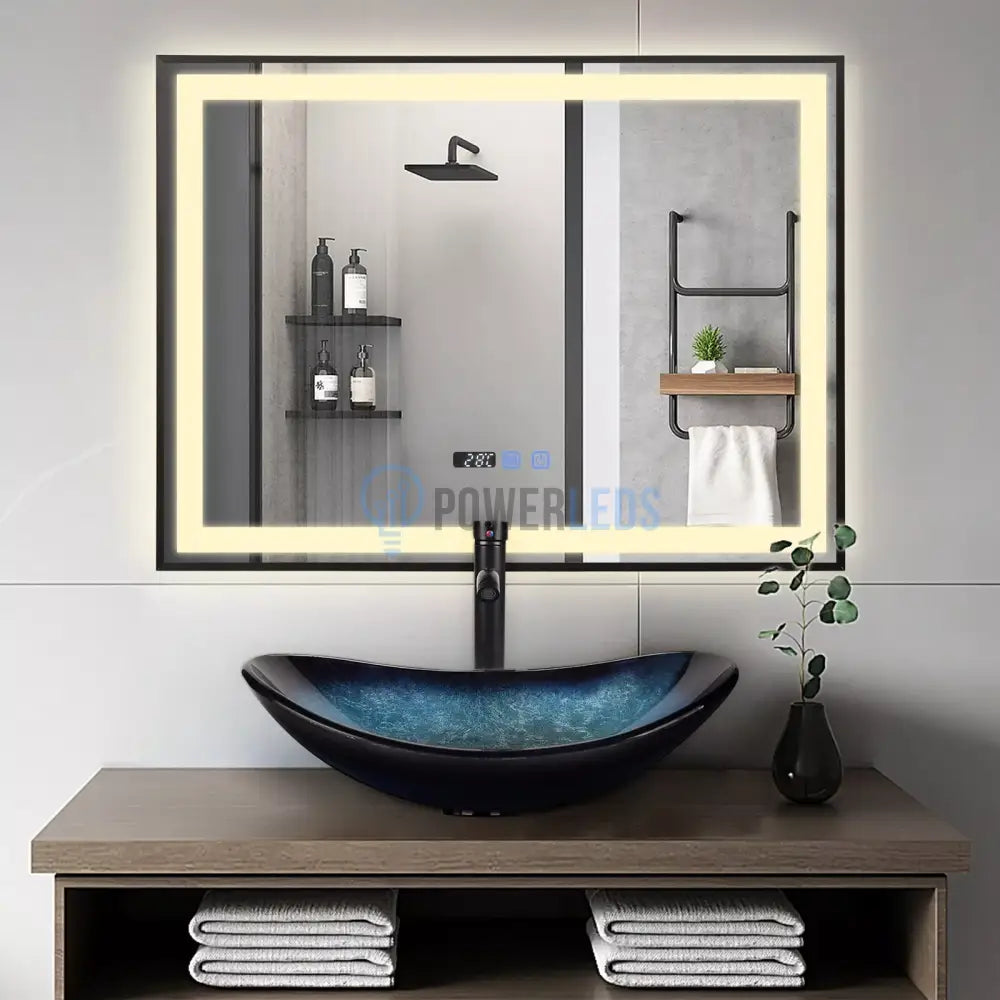 Oglinda LED 80x60cm Rama Neagra Senzor Dezaburire 3 Lumini Temperatura si Ceas W03 NEAGRA / 50X80CM LED MIRROR