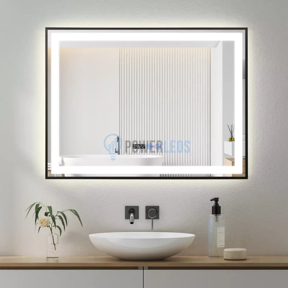Oglinda LED 80x60cm Rama Neagra Senzor Dezaburire 3 Lumini Temperatura si Ceas W03 NEAGRA / 50X80CM LED MIRROR