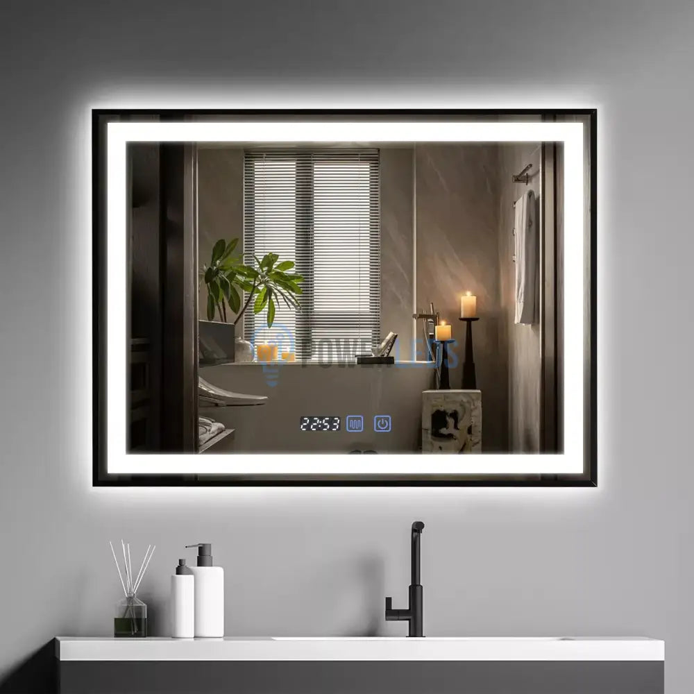 Oglinda LED 80x60cm Rama Neagra Senzor Dezaburire 3 Lumini Temperatura si Ceas W03 NEAGRA / 50X80CM LED MIRROR
