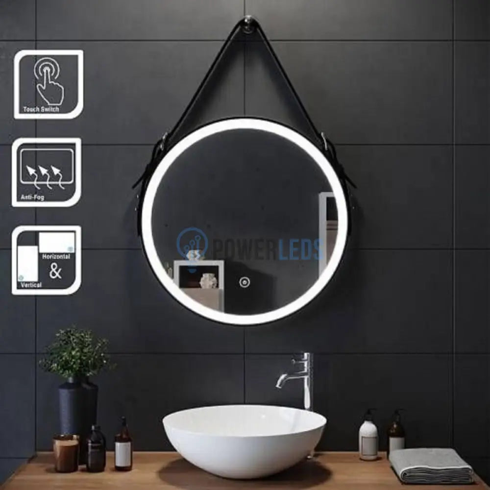Oglinda Led Baie 60Cm Fog Black Piele + Aluminiu Senzor Miscare Temperatura Ceas Si Dezaburire