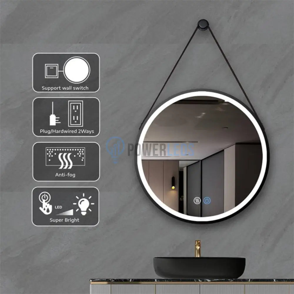 Oglinda Led Baie 60Cm Fog Black Piele + Aluminiu Senzor Miscare Temperatura Ceas Si Dezaburire