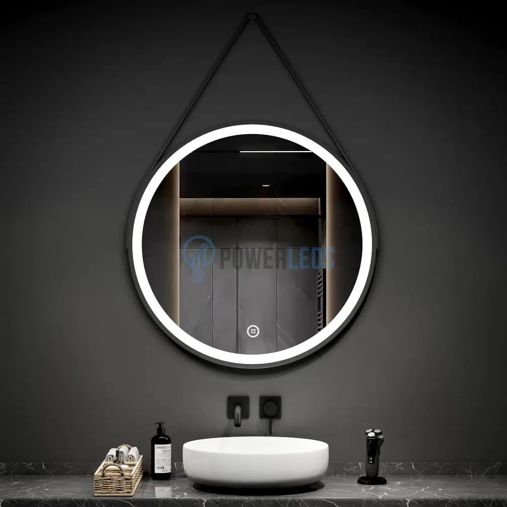 Oglinda Led Baie 60Cm Fog Black Piele + Aluminiu Senzor Miscare Temperatura Ceas Si Dezaburire