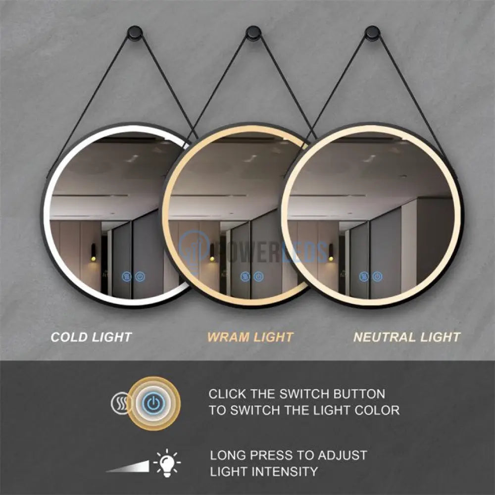 Oglinda Led Baie 60Cm Fog Black Piele + Aluminiu Senzor Miscare Temperatura Ceas Si Dezaburire