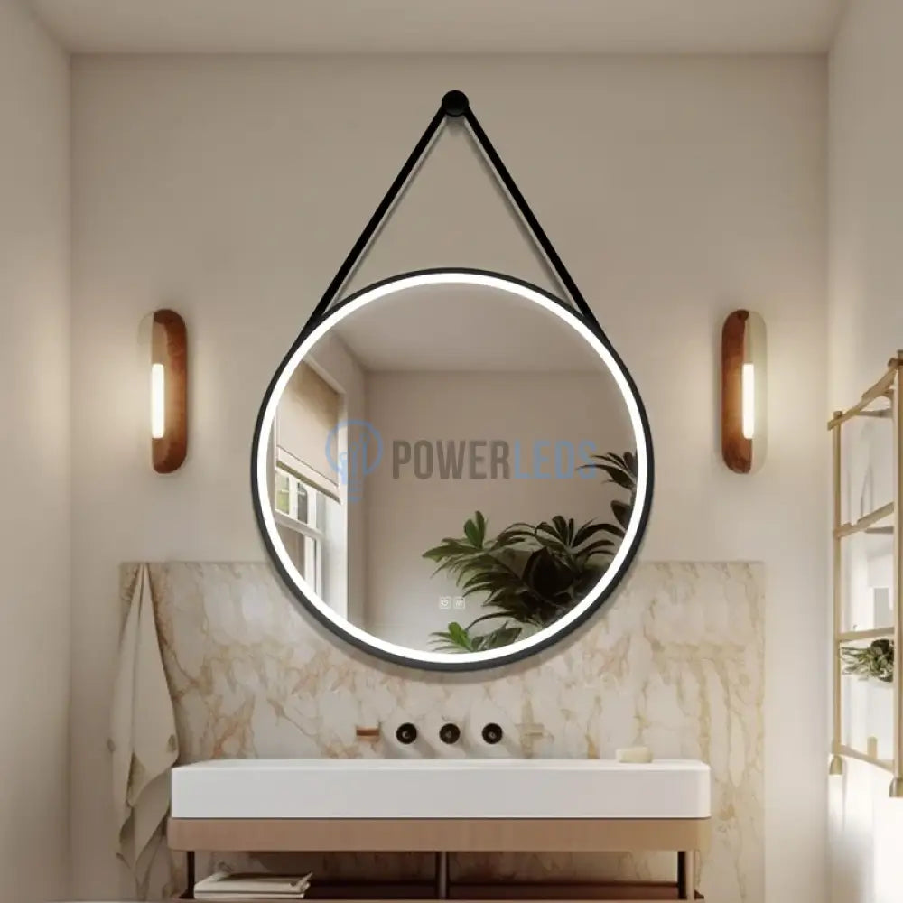 Oglinda Led Baie 60Cm Fog Black Piele + Aluminiu Senzor Miscare Temperatura Ceas Si Dezaburire