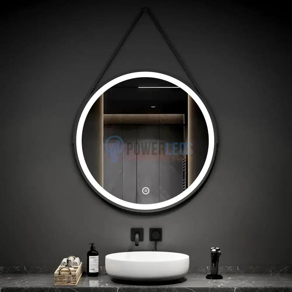 Oglinda Led Baie 60Cm Fog Black Piele + Aluminiu Senzor Miscare Temperatura Ceas Si Dezaburire