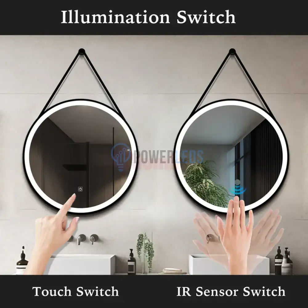 Oglinda Led Baie 60Cm Fog Black Piele + Aluminiu Senzor Miscare Temperatura Ceas Si Dezaburire