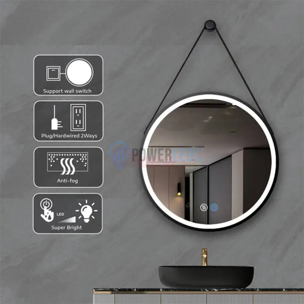 Oglinda Led Baie 60Cm Fog Black Piele + Aluminiu Senzor Miscare Temperatura Ceas Si Dezaburire