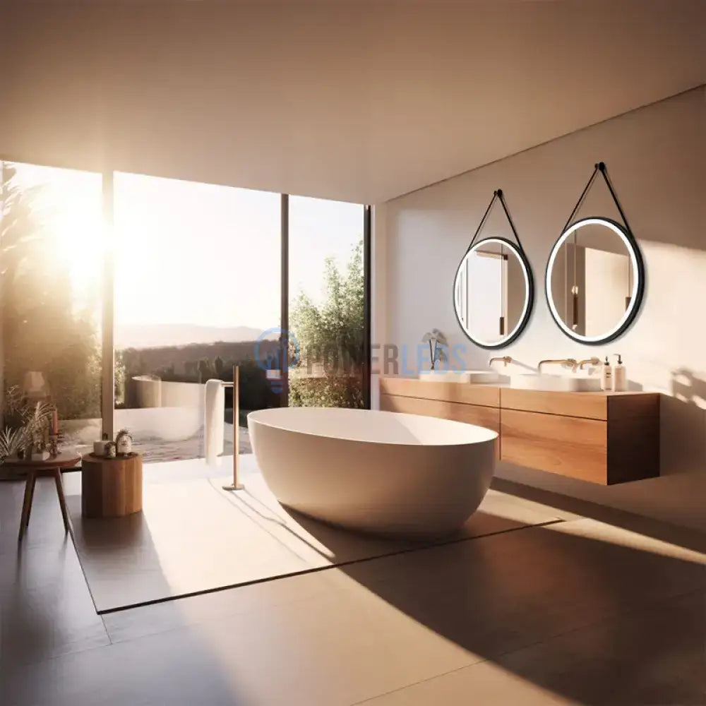 Oglinda Led Baie 60Cm Fog Black Piele + Aluminiu Senzor Miscare Temperatura Ceas Si Dezaburire