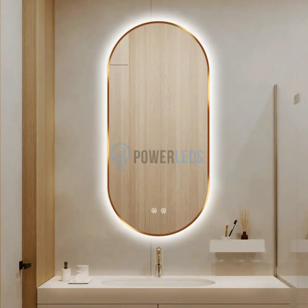 Oglinda LED Ovala 50x100cm Rama Aurie, Dezaburire si 3 Lumini J179 powerleds.ro