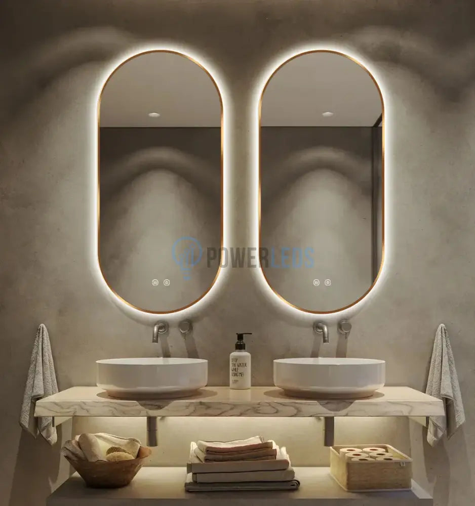 Oglinda LED Ovala 50x100cm Rama Aurie, Dezaburire si 3 Lumini J179 powerleds.ro
