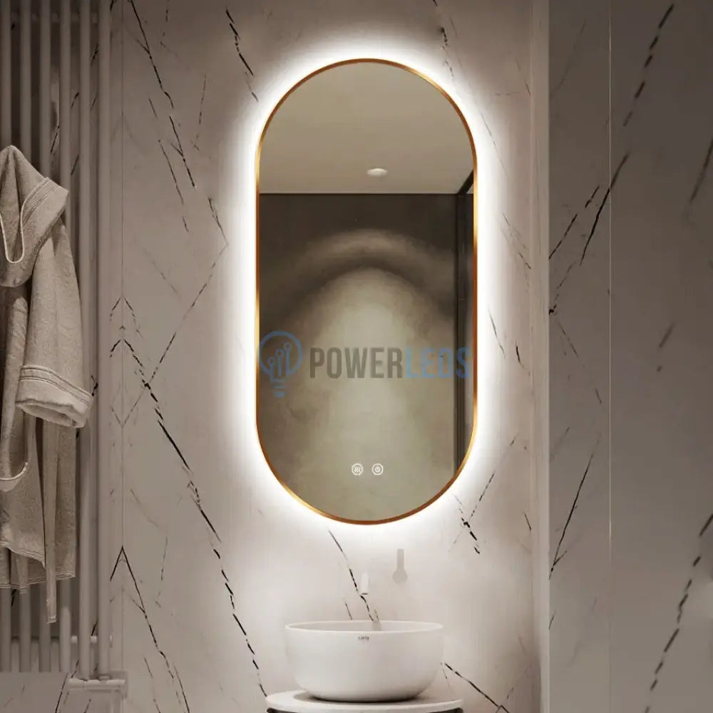 Oglinda LED Ovala 50x100cm Rama Aurie, Dezaburire si 3 Lumini J179 powerleds.ro