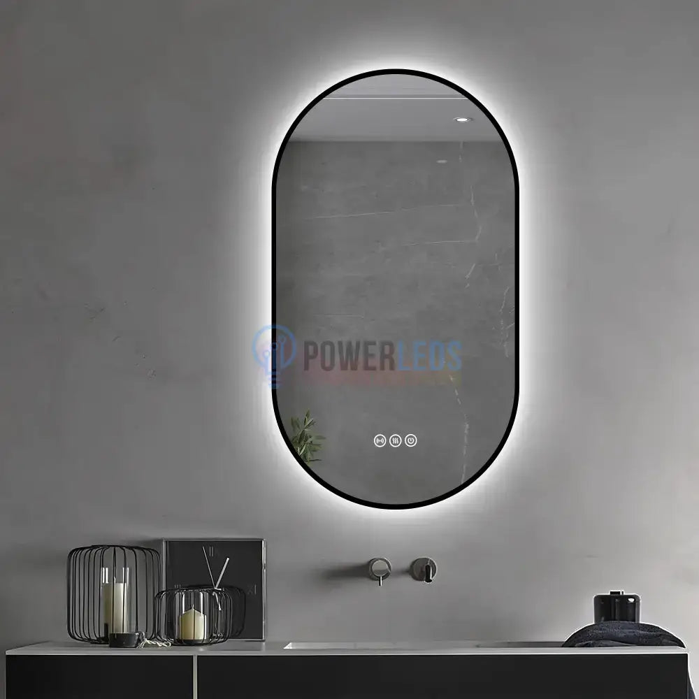 Oglinda LED Ovala 50x80cm Rama Neagra 3 Lumini Ceas Dezaburire si Touch J180 NEAGRA / 50X80CM LED MIRROR