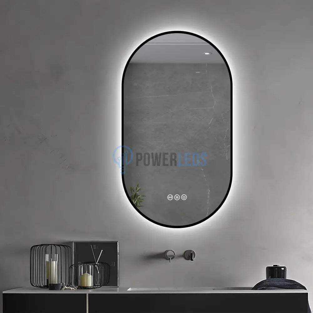 Oglinda LED Ovala 50x80cm Rama Neagra 3 Lumini Ceas Dezaburire si Touch J180 NEAGRA / 50X80CM LED MIRROR