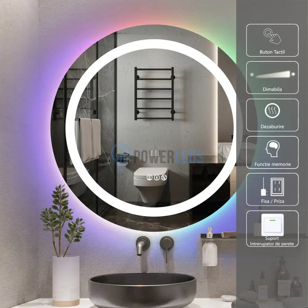 Oglinda Led Rgb Rotunda 70Cm 3 Lumini Dezaburire Si Touch Od013-Rgb Mirror