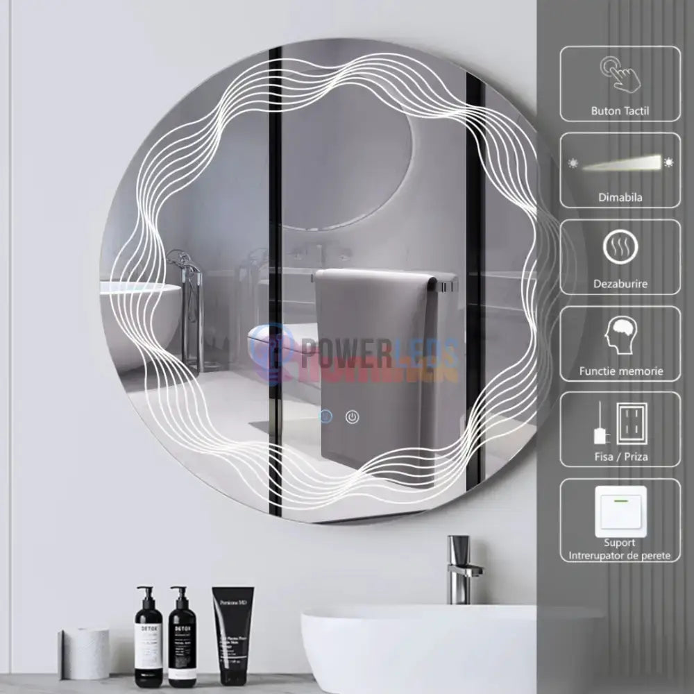 Oglinda LED Rotunda 60cm, 3 Lumini, Dezaburire si Touch E26S powerleds.ro