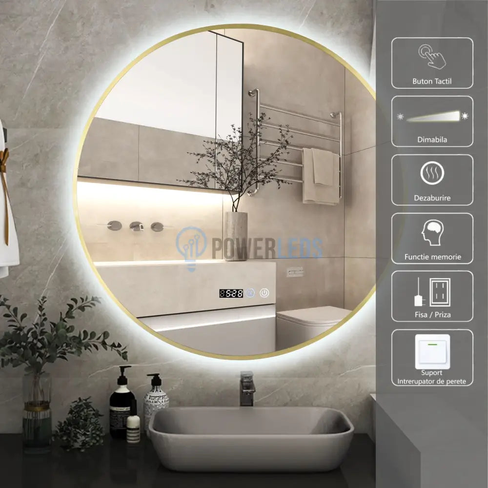 Oglinda Led Rotunda 70Cm Rama Aurie Ceas Temperatura Touch Si 3 Lumini Od010T/Gd Mirror