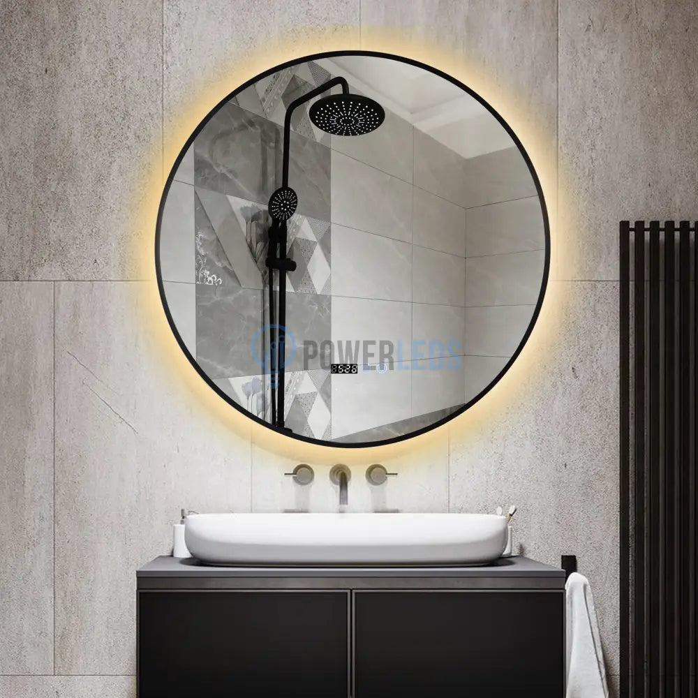 Oglinda Led Rotunda 70Cm Rama Neagra Ceas Temperatura Touch Si 3 Lumini Od010T/Bk Mirror
