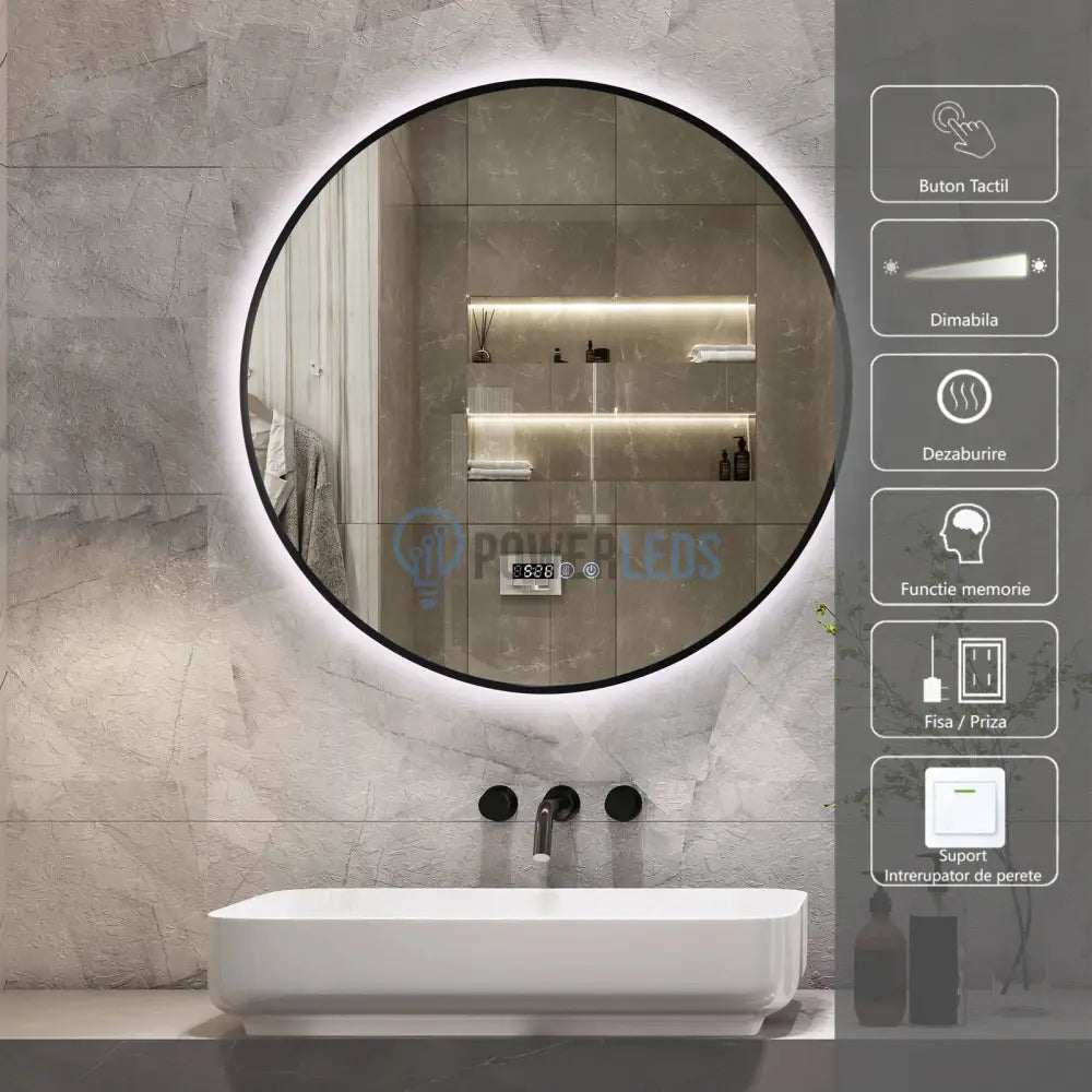 Oglinda Led Rotunda 70Cm Rama Neagra Ceas Temperatura Touch Si 3 Lumini Od010T/Bk Mirror