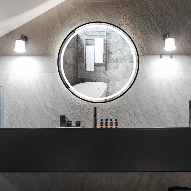 Oglinda LED Rotunda 60cm Rama Neagra Dezaburire si Touch C1176BKS