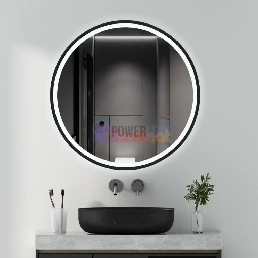Oglinda Rotunda Neagra 60cm cu Dezaburire, Touch si 3 Lumini powerleds.ro