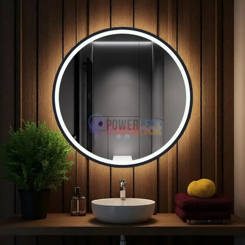 Oglinda Rotunda Neagra 60cm cu Dezaburire, Touch si 3 Lumini powerleds.ro