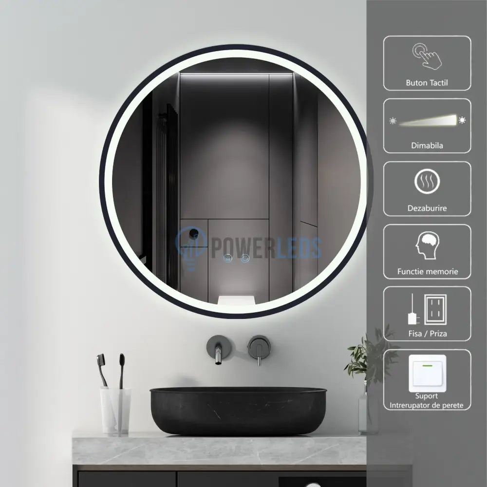 Oglinda Rotunda Neagra 60cm cu Dezaburire, Touch si 3 Lumini powerleds.ro