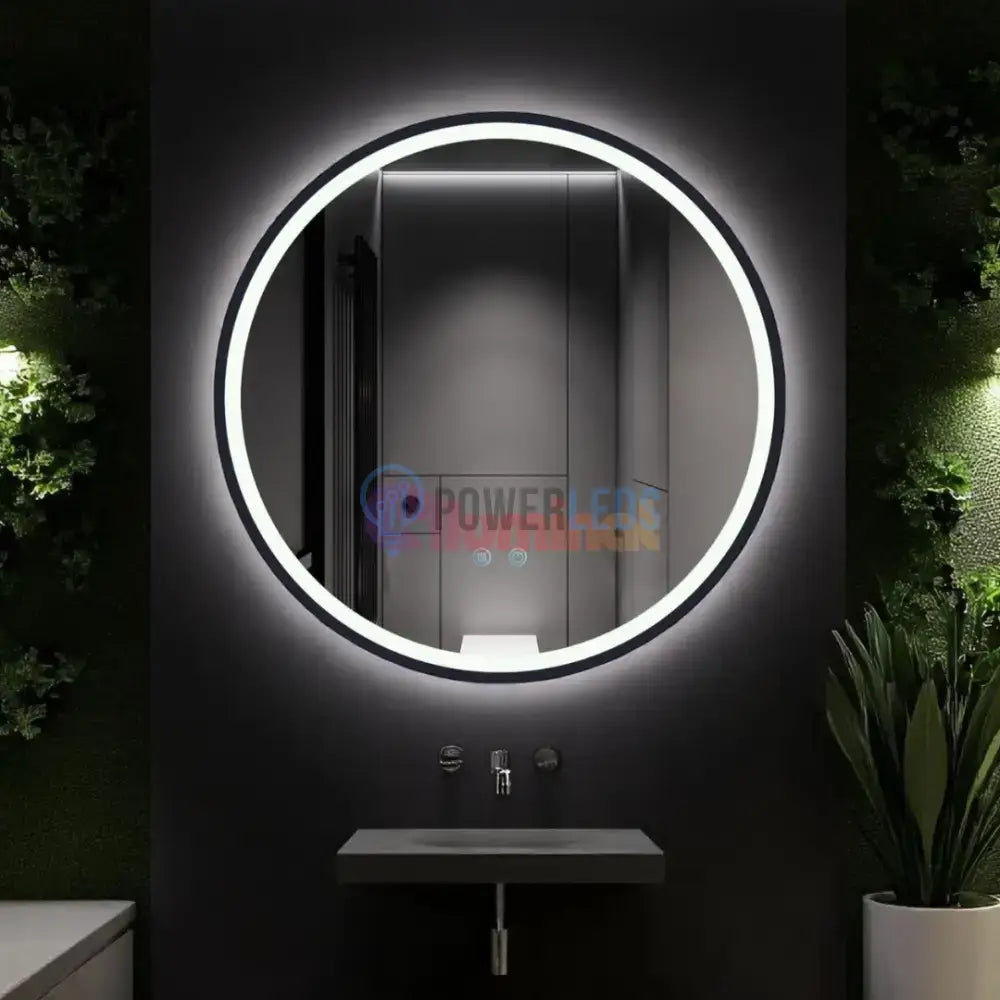 Oglinda Rotunda Neagra 60cm cu Dezaburire, Touch si 3 Lumini powerleds.ro