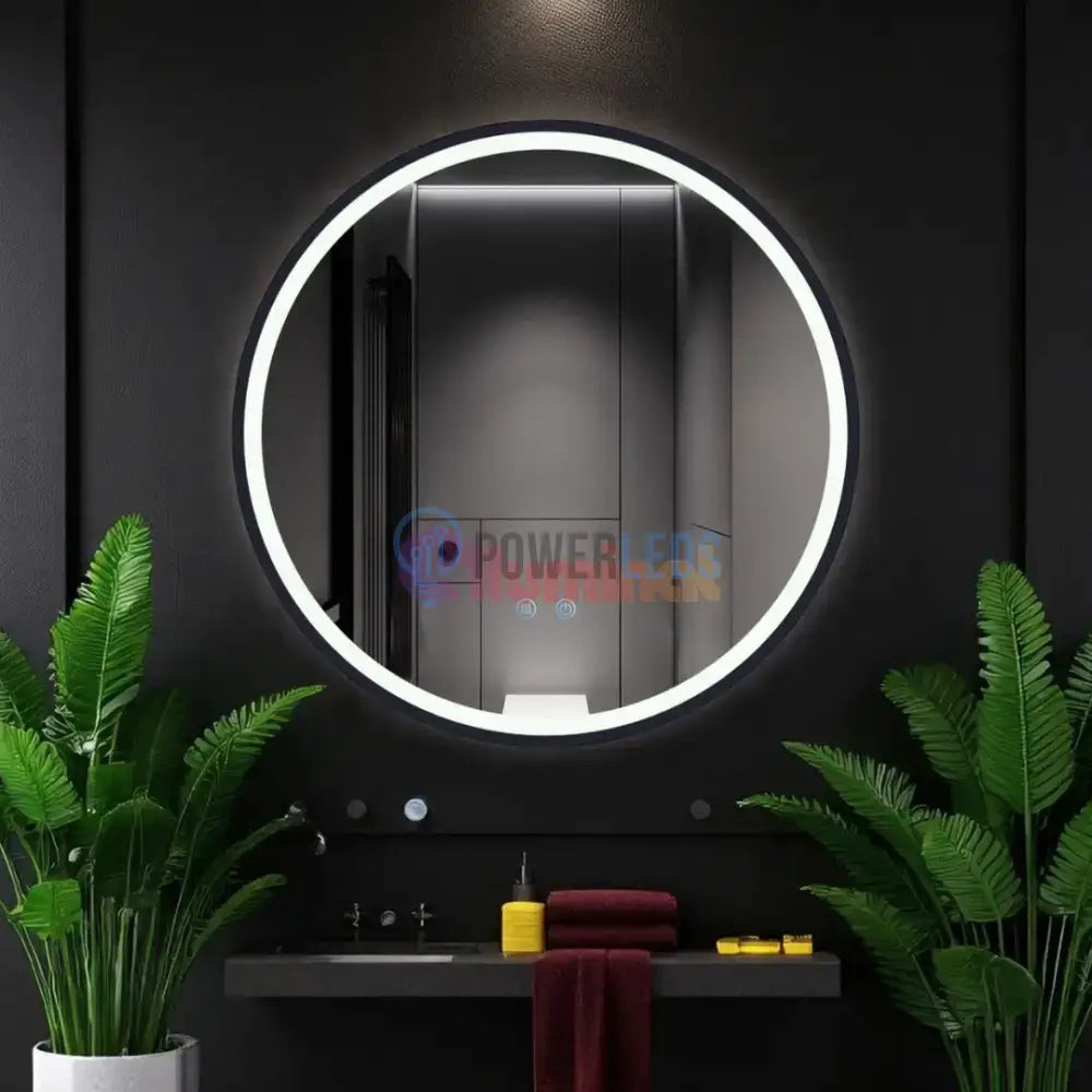 Oglinda Rotunda Neagra 60cm cu Dezaburire, Touch si 3 Lumini powerleds.ro