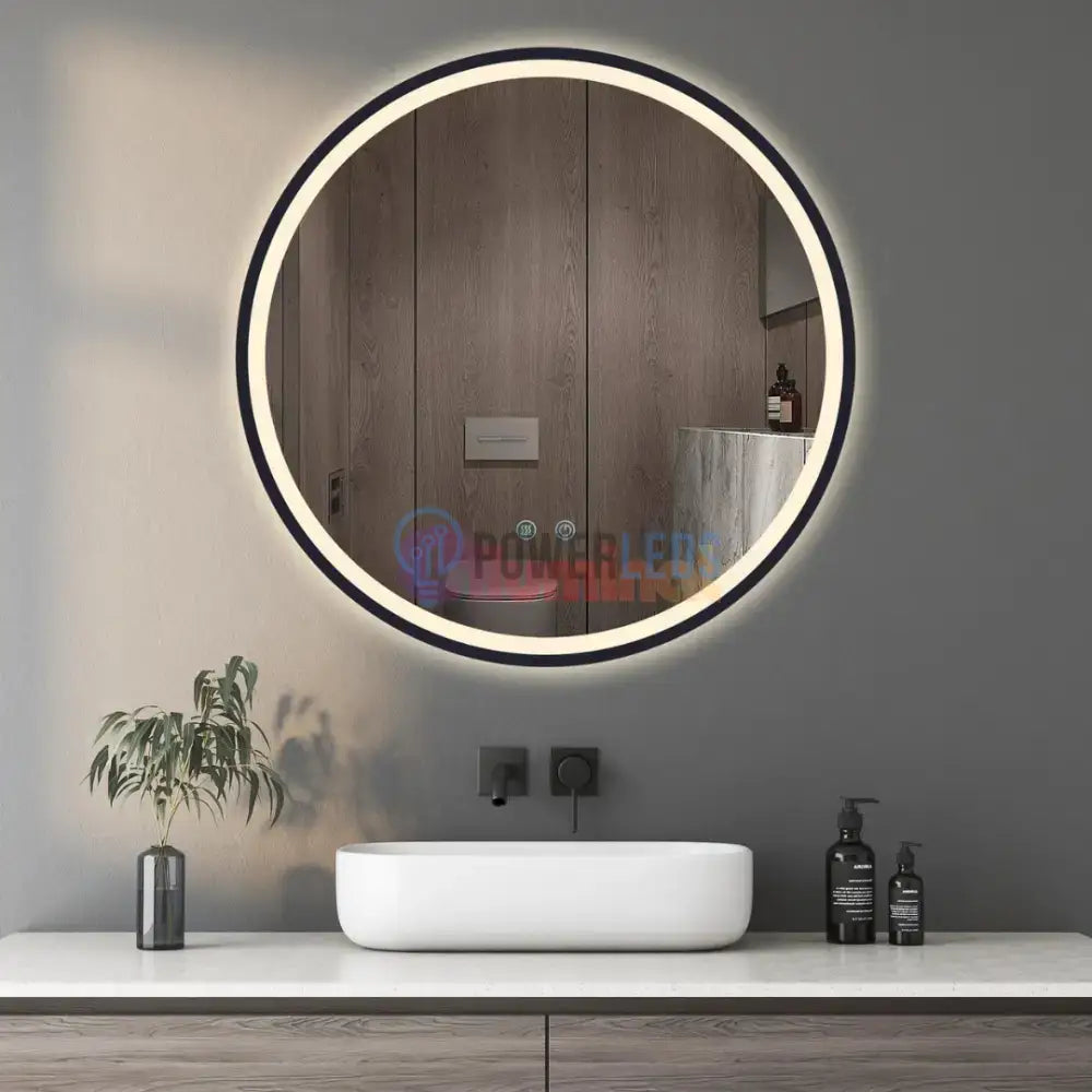 Oglinda Rotunda Neagra 60cm cu Dezaburire, Touch si 3 Lumini powerleds.ro