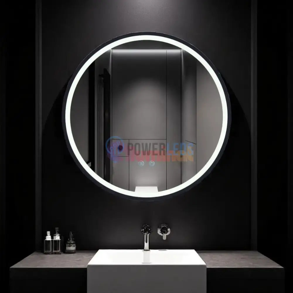 Oglinda Rotunda Neagra 60cm cu Dezaburire, Touch si 3 Lumini powerleds.ro