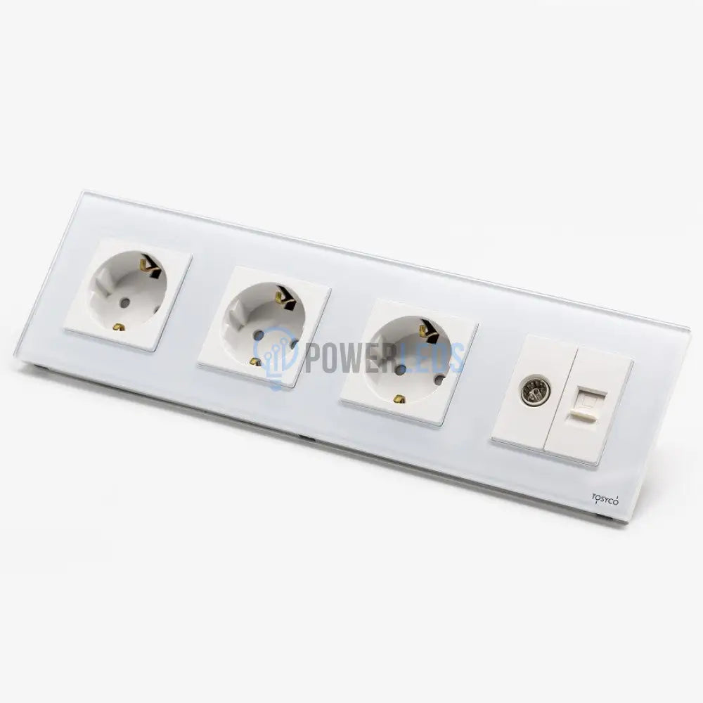 Priză Schuko Triplă + Tv Lan Cu Ramă Din Sticlă