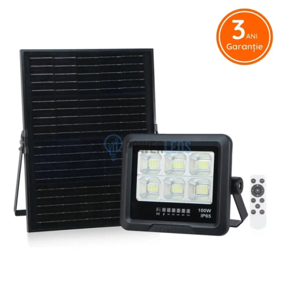 Proiector Led 100W Premium Cu Panou Solar Monocristaline Plus Telecomanda Solar Light