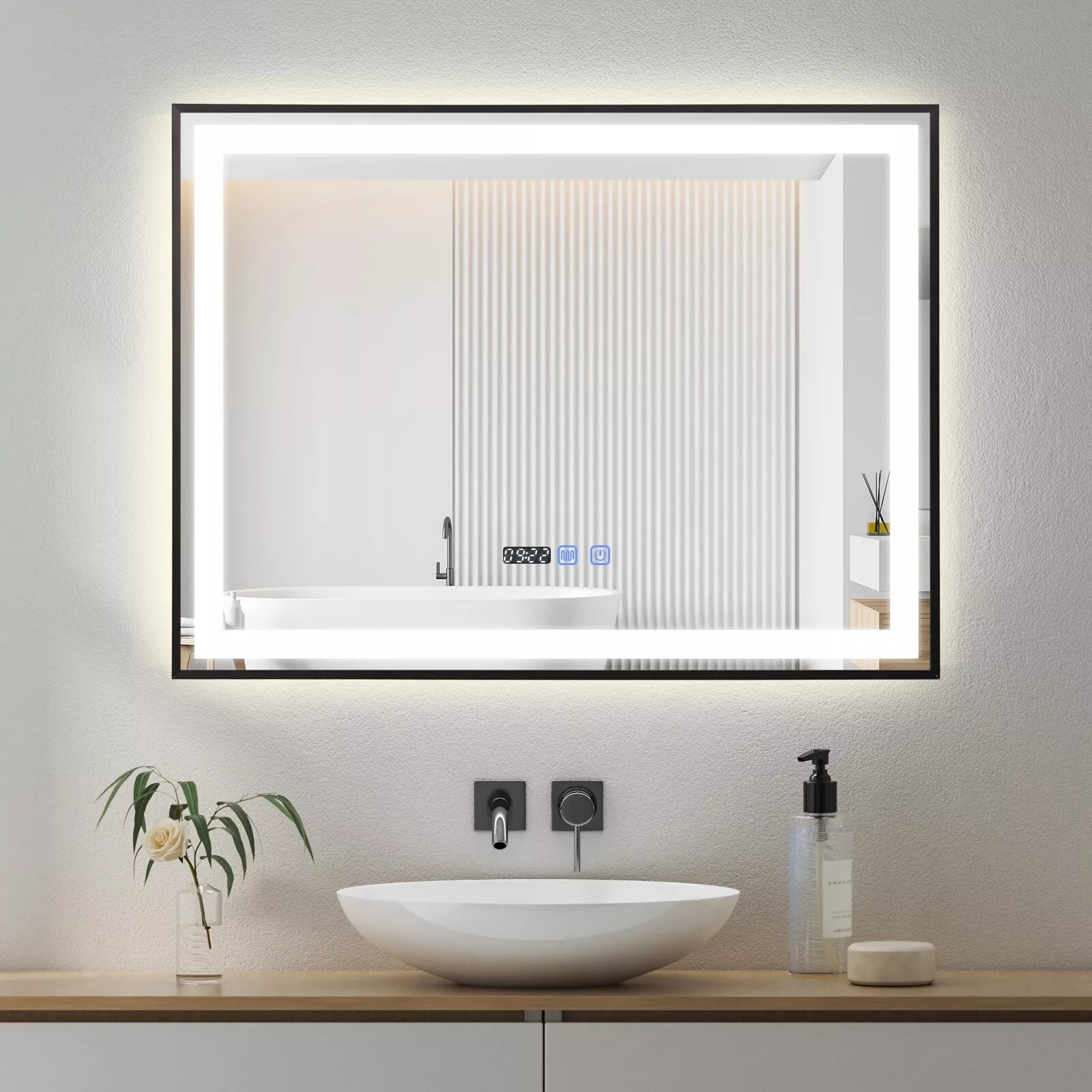 Oglinda LED 80x60cm Rama Neagra, Senzor, Dezaburire, 3 Lumini, Temperatura si Ceas W03