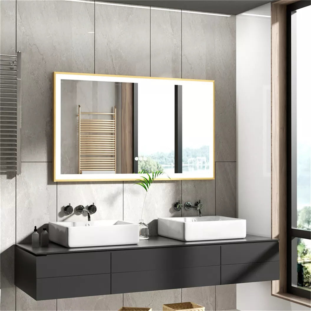 Oglinda LED 100x80cm Rama Aurie, Senzor, Dezaburire, 3 Lumini, Temperatura si Ceas W10L