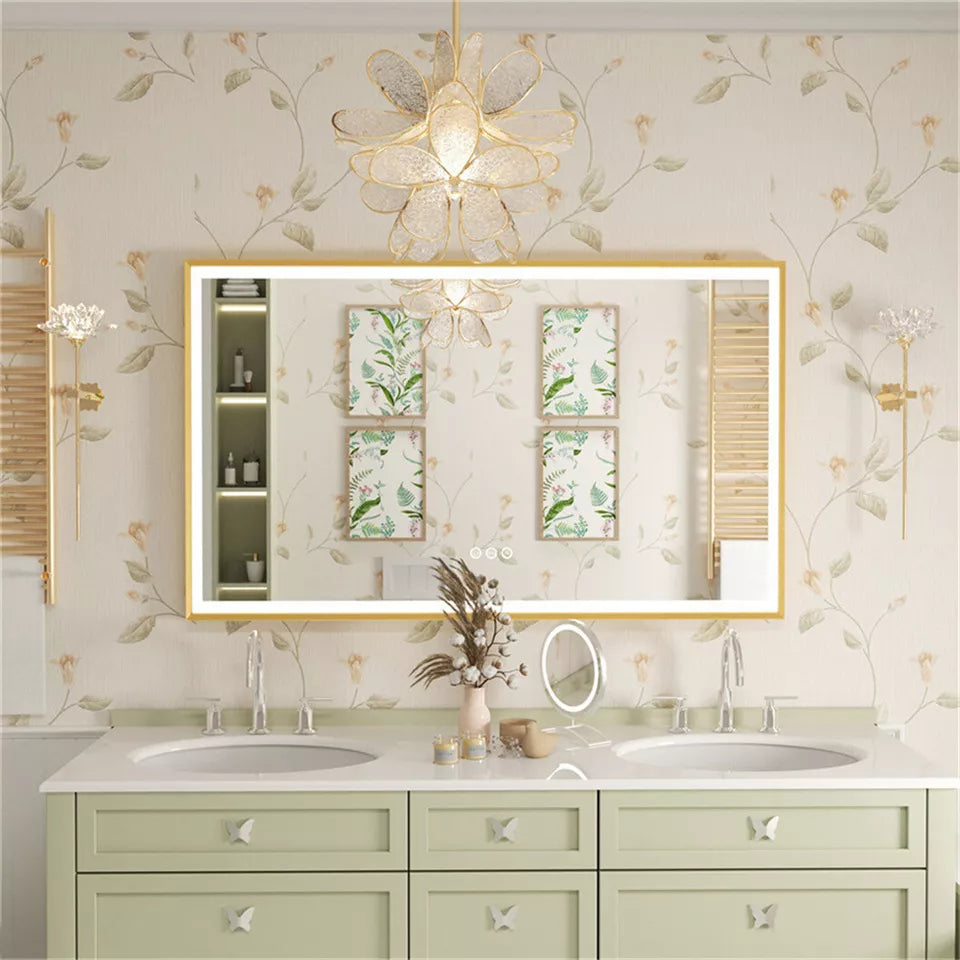 Oglinda LED 100x80cm Rama Aurie, Senzor, Dezaburire, 3 Lumini, Temperatura si Ceas W10L