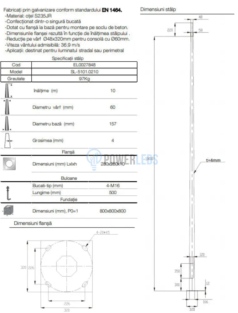 Stalp Iluminat Stradal Galvanizat Flansa 10 Metri