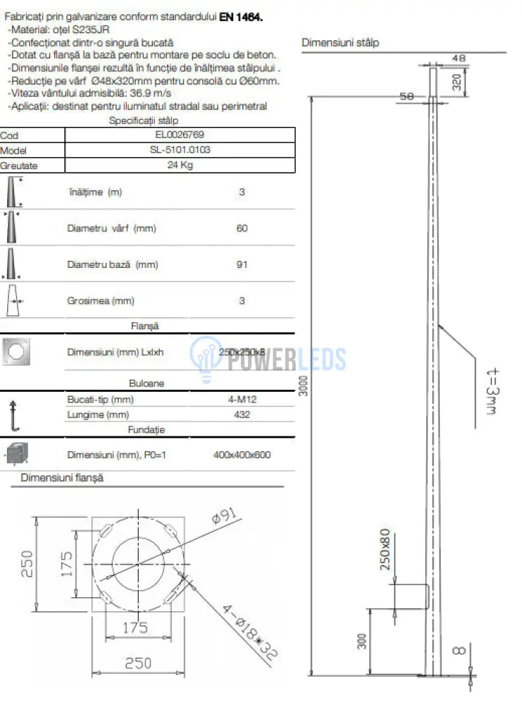 Stalp Iluminat Stradal Galvanizat Flansa 3 Metri