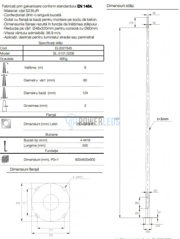 Stalp Iluminat Stradal Galvanizat Flansa 6 Metri
