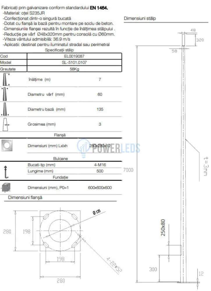 Stalp Iluminat Stradal Galvanizat Flansa 7 Metri